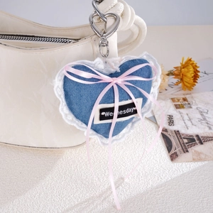 Denim heart bag charm with pink ribbon bow and Wednesday embroidery for handbags