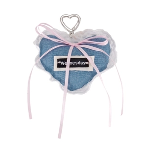 Denim heart bag charm with white lace edge, pink ribbon bow, and silver heart spring clip