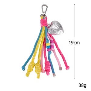 Colorful woven heart bag charm with silver metallic heart pendant and lobster clasp 19cm