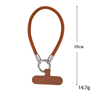 Brown bamboo texture leather phone wrist strap with metal ring and 18cm length