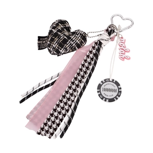Chic black and white tweed heart keychain with pink silk ribbon and metal lobster clasp