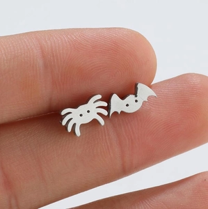 Punk style asymmetric spider and bat stud earrings made of brushed stainless steel