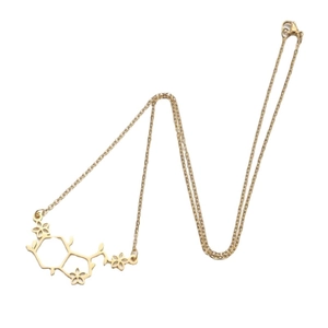 Gouden chemische molecuulketting met delicate bloem- en bladbedels aan een kruisketting