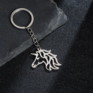 Minimalist silver stainless steel unicorn keychain with hollow horse pendant design