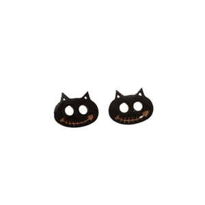 Gothic black cat stud earrings with spooky smile design for Halloween festive jewelry