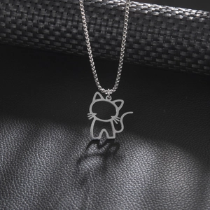 Collar con Colgante de Gato Hueco de Acero Inoxidable Cadena de Suéter de Animal Plateado Lindo para Joyería Unisex