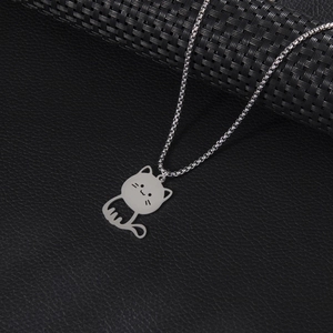 Collana alla moda in acciaio inossidabile con ciondolo a gatto argento e catena a scatola