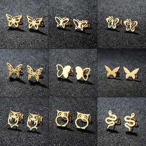Minimalist Stainless Steel Animal Stud Earrings For Women Cute Butterfly Owl Snake Design Gold Silver Rose Gold Black Stud Jewelry