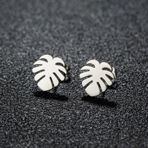 Minimalist stainless steel monstera leaf stud earrings with hollow design for women