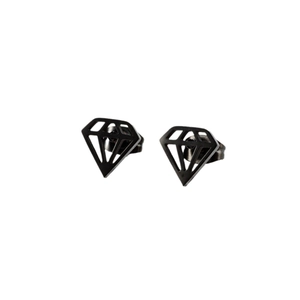 Minimalist black geometric diamond-shaped stud earrings in matte stainless steel finish