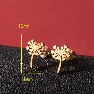 Minimalist golden dandelion stud earrings in brushed steel finish, 12mm x 8mm size