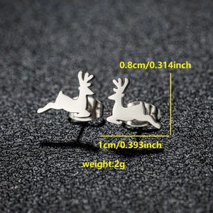 Minimalist running reindeer stud earrings in polished stainless steel for women