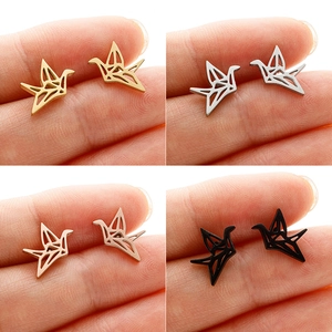 Pendientes de Botón de Grulla de Papel Origami Geométricos de Acero Inoxidable Minimalistas para Mujer Joyería Estilo Coreano