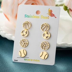 8mm Edelstahl Ohrstecker Set Gold mit Sportmotiven wie Fußball, Basketball und Baseball