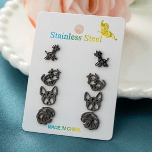 Schwarzes Edelstahl-Ohrstecker-Set mit Giraffen-, Kuh- und Hundemotiven für Damen