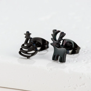 Asymmetric black stainless steel Christmas reindeer and tree stud earrings for women