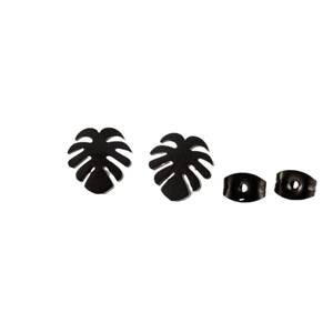 Minimalist black stainless steel palm leaf stud earrings with hollow plant leaf texture