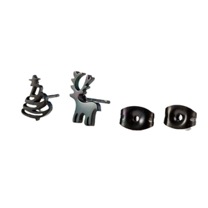 Asymmetric Christmas snowflake and elk stud earrings in polished black stainless steel