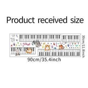 Flat layout of cute cartoon cat and piano keyboard wall sticker measuring 90cm by 30cm