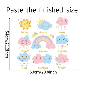 Detailed size chart for kids' cartoon weather wall stickers showing 54cm x 53cm dimensions