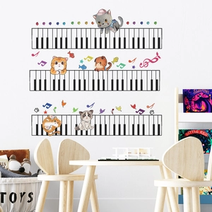Cartoon cats playing piano wall decal with colorful musical notes for kids room decoration