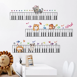 Cartoon cats playing piano wall stickers with musical notes for kids room decor