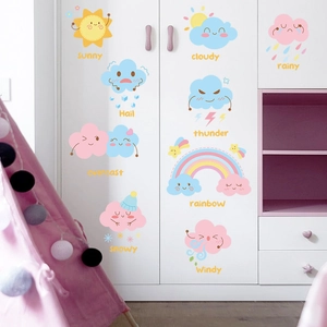 Detailed view of watercolor weather wall stickers on a white nursery closet door