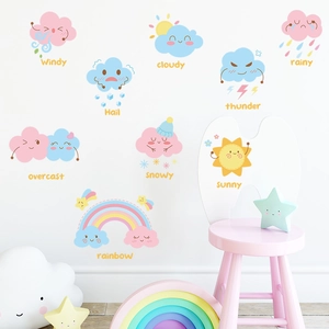 Cartoon watercolor weather wall stickers set for nursery decor featuring clouds and rainbow
