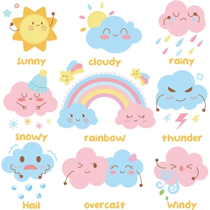 Cute cartoon weather wall stickers featuring sun, rainbow and clouds for kids bedroom decor