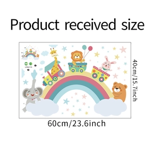 Detailed view of PVC wall decal showing animal train dimensions 40x60cm for kids room