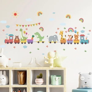 Stickers muraux train animaux avec girafe et éléphant pour décoration de chambre d'enfant