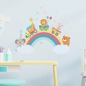 Cartoon Animals Rainbow Train Wall Stickers For Kids Bedroom Nursery Decor PVC Self-Adhesive Removable Mural Wallpaper