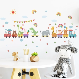 Stickers muraux train animaux dessin animé avec arc-en-ciel pour chambre d'enfant
