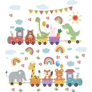 Stickers muraux train animaux avec soleil et arc-en-ciel pour chambre d'enfant