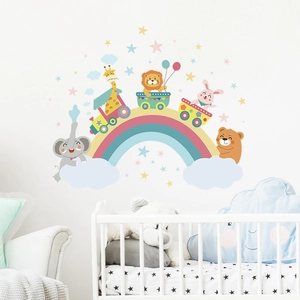 Cartoon animal rainbow wall decals for children's bedroom with lion and elephant on a train