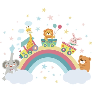 Cartoon animal train wall stickers with rainbow and clouds for children bedroom decor