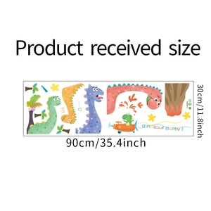 Detailed sheet layout of cartoon dinosaur wall stickers measuring 90cm x 30cm for kids rooms