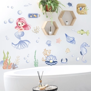 Cartoon Mermaid Undersea World Wall Stickers Waterproof PVC Ocean Creatures Sea Turtle Seahorse Decals For Kids Nursery Bathroom Decor