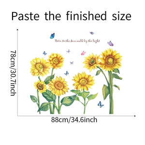 Detail of sunflower wall decals with colorful butterflies and inspirational English quotes
