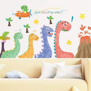 Cartoon dinosaur wall stickers with volcanoes and palm trees for kids bedroom decor