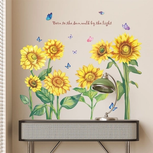 Self-adhesive sunflower wall stickers with butterfly accents and inspirational quote