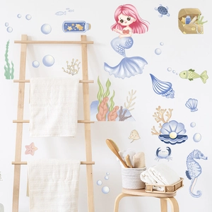 Mermaid ocean theme wall stickers for kids bedroom featuring seahorse and shells