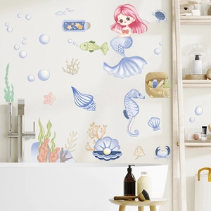 Mermaid ocean theme wall stickers set for children bedroom featuring pink hair mermaid decor