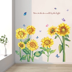 Watercolour sunflower wall decals with butterfly motifs and inspirational text for home decor