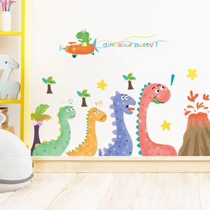 Detailed view of colorful cartoon dinosaur wall stickers for a child's bedroom wall