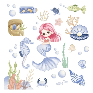 Mermaid and sea life cartoon wall decals for children's bedroom decor in pastel colors