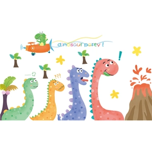 Watercolor cartoon dinosaur party wall decals featuring colorful volcanos and palm trees