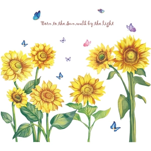 Pastoral sunflower wall stickers with butterflies and floral quote for home decor