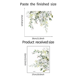 Detail view of tropical leaf wall sticker showing adhesive layout and finished size dimensions