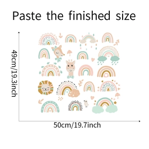 Detailed size guide for animal and rainbow wall stickers measuring 49cm by 50cm